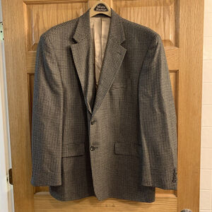 Chaps Men’s Blazer Sport Coat Brown Beige Houndstooth Size 46R 100% Lambswool